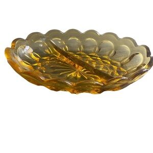 Vintage Indiana Amber 1950’s Thumbprint Relish Dish Scalloped Anchor Hawking EUC